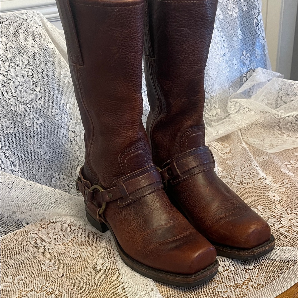Frye Brown Leather Belted Harness Boots
